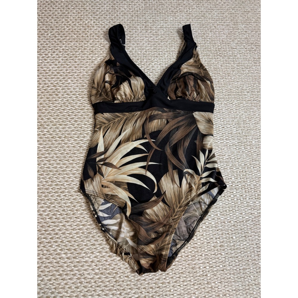 Longitude Womens Brown Tropical Palm Print One Piece Swimsuit V-Neck Size 12